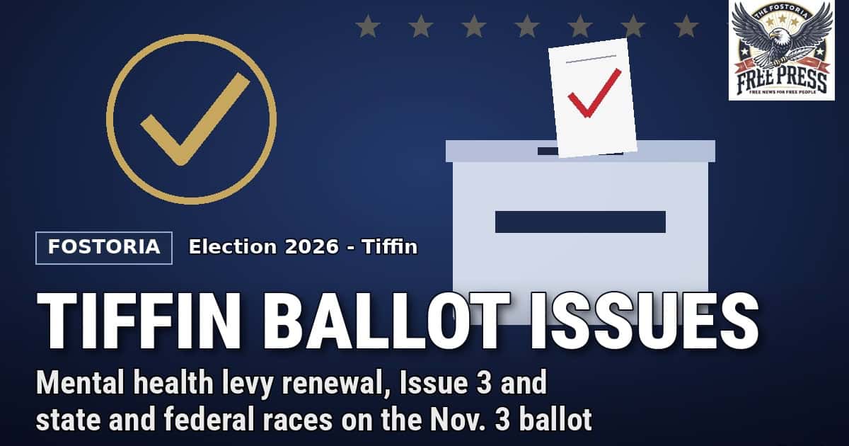 Fostoria Free Press illustration: a ballot box with a check mark on a navy background with the words Tiffin Ballot Issues